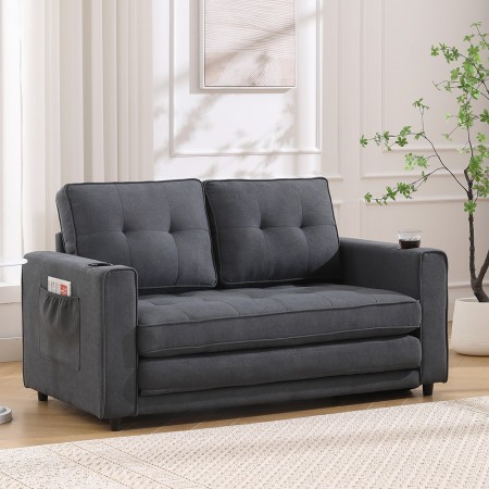 3-in-1 Upholstered Futon Sofa Bed W/Side Pockets and Cup Holder Dark Gray