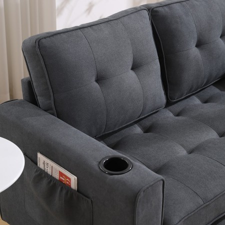 3-in-1 Upholstered Futon Sofa Bed W/Side Pockets and Cup Holder Dark Gray