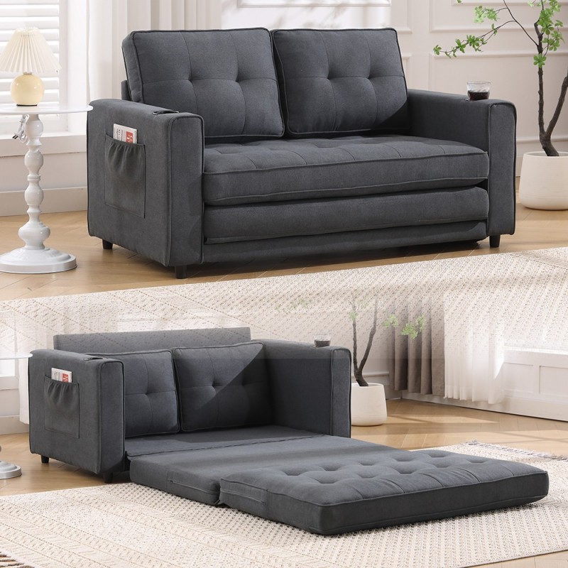 3-in-1 Upholstered Futon Sofa Bed W/Side Pockets and Cup Holder Dark Gray