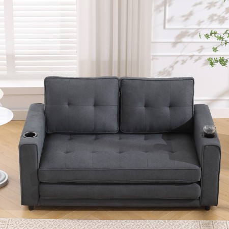 3-in-1 Upholstered Futon Sofa Bed W/Side Pockets and Cup Holder Dark Gray