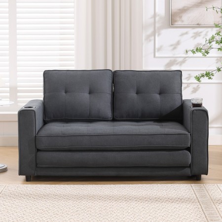 3-in-1 Upholstered Futon Sofa Bed W/Side Pockets and Cup Holder Dark Gray