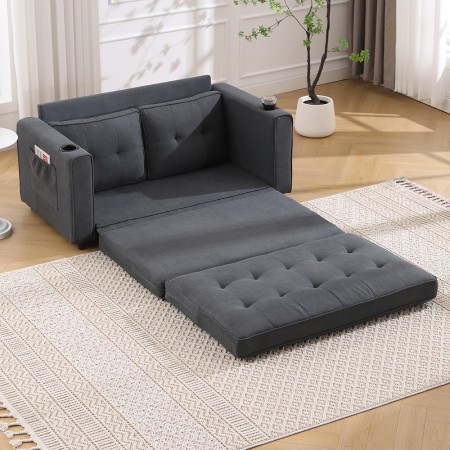 3-in-1 Upholstered Futon Sofa Bed W/Side Pockets and Cup Holder Dark Gray