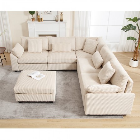 Corduroy, Beige Oversized Modular Sectional Sofa Couch