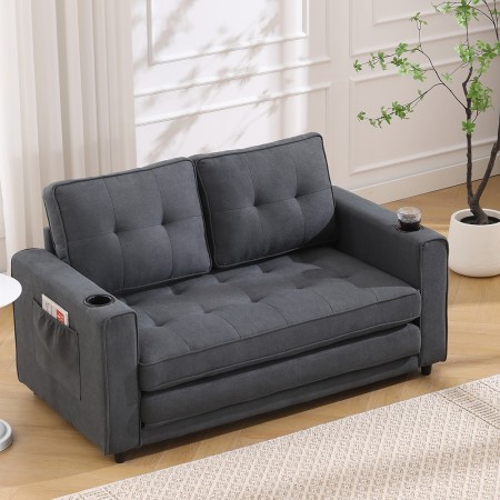 3-in-1 Upholstered Futon Sofa Bed W/Side Pockets and Cup Holder Dark Gray