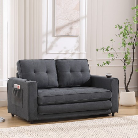 3-in-1 Upholstered Futon Sofa Bed W/Side Pockets and Cup Holder Dark Gray
