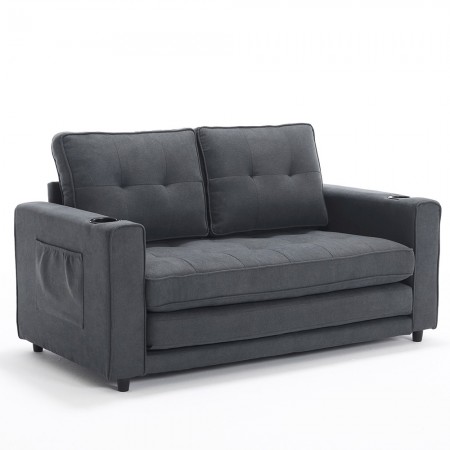 3-in-1 Upholstered Futon Sofa Bed W/Side Pockets and Cup Holder Dark Gray