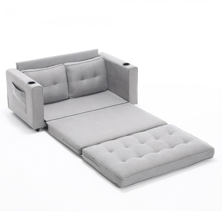 3-in-1 Upholstered Futon Sofa Convertible Sofa bed W/Side Pockets and Cup Holder, Light Gray