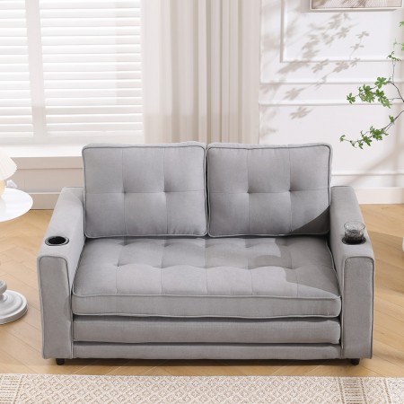3-in-1 Upholstered Futon Sofa Convertible Sofa bed W/Side Pockets and Cup Holder, Light Gray