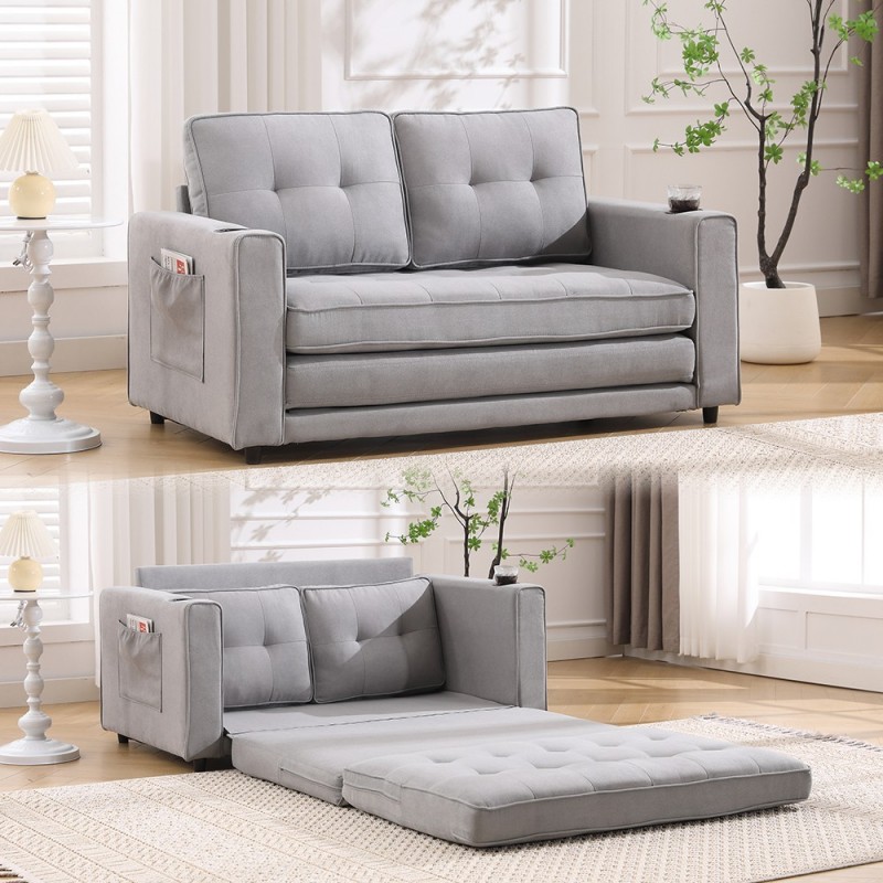 3-in-1 Upholstered Futon Sofa Convertible Sofa bed W/Side Pockets and Cup Holder, Light Gray