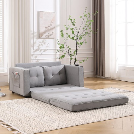3-in-1 Upholstered Futon Sofa Convertible Sofa bed W/Side Pockets and Cup Holder, Light Gray