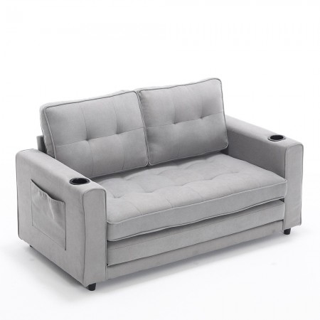 3-in-1 Upholstered Futon Sofa Convertible Sofa bed W/Side Pockets and Cup Holder, Light Gray