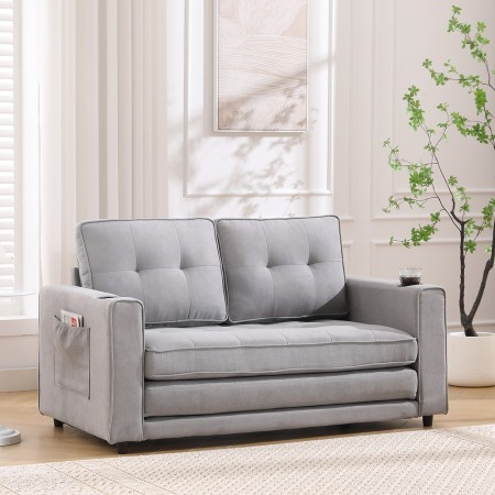 3-in-1 Upholstered Futon Sofa Convertible Sofa bed W/Side Pockets and Cup Holder, Light Gray