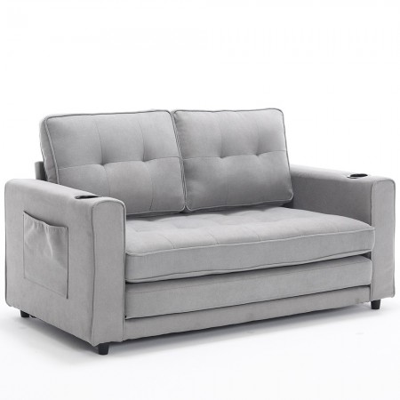 3-in-1 Upholstered Futon Sofa Convertible Sofa bed W/Side Pockets and Cup Holder, Light Gray