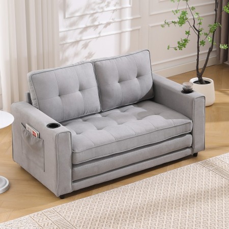 3-in-1 Upholstered Futon Sofa Convertible Sofa bed W/Side Pockets and Cup Holder, Light Gray