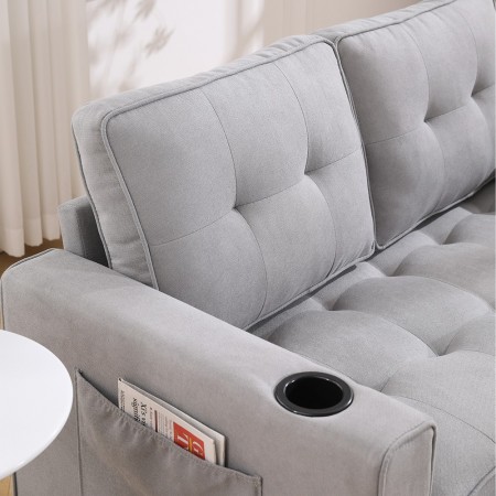 3-in-1 Upholstered Futon Sofa Convertible Sofa bed W/Side Pockets and Cup Holder, Light Gray