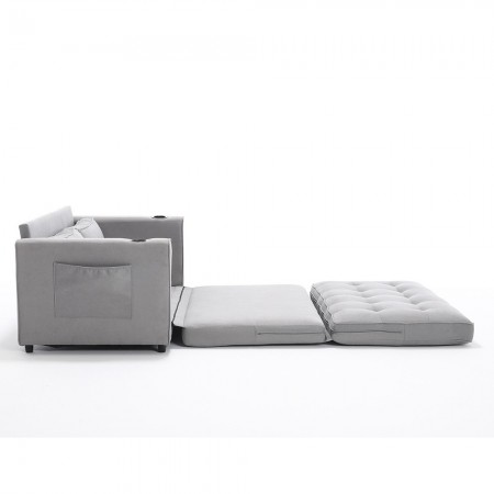 3-in-1 Upholstered Futon Sofa Convertible Sofa bed W/Side Pockets and Cup Holder, Light Gray