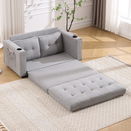 3-in-1 Upholstered Futon Sofa Convertible Sofa bed W/Side Pockets and Cup Holder, Light Gray