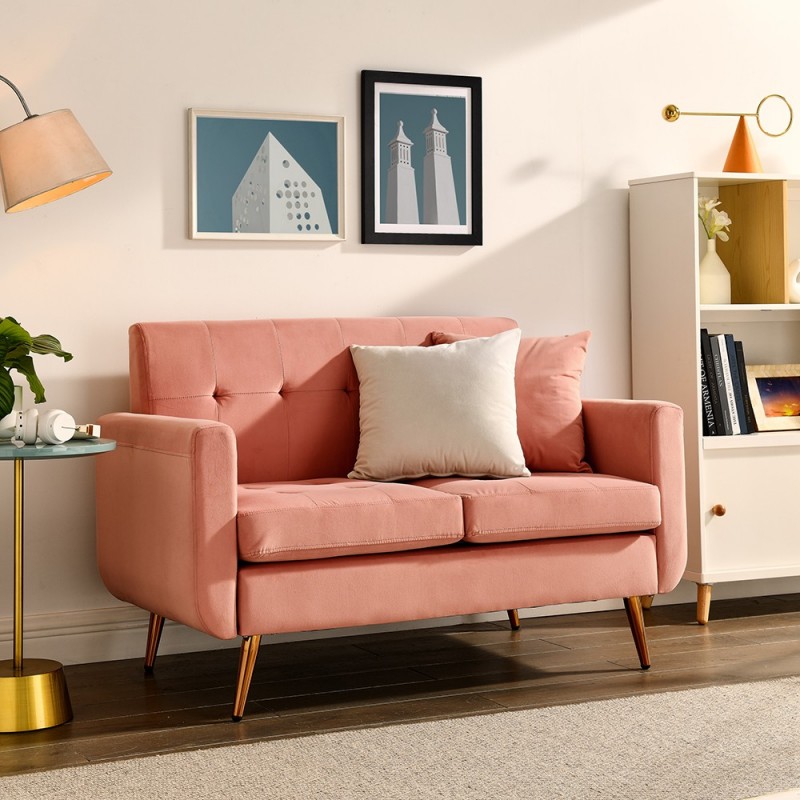 Mid Century Modern Decor Love Seat Couches for Living Room, Button Tufted Upholstered Small Couch for Bedroom Pink