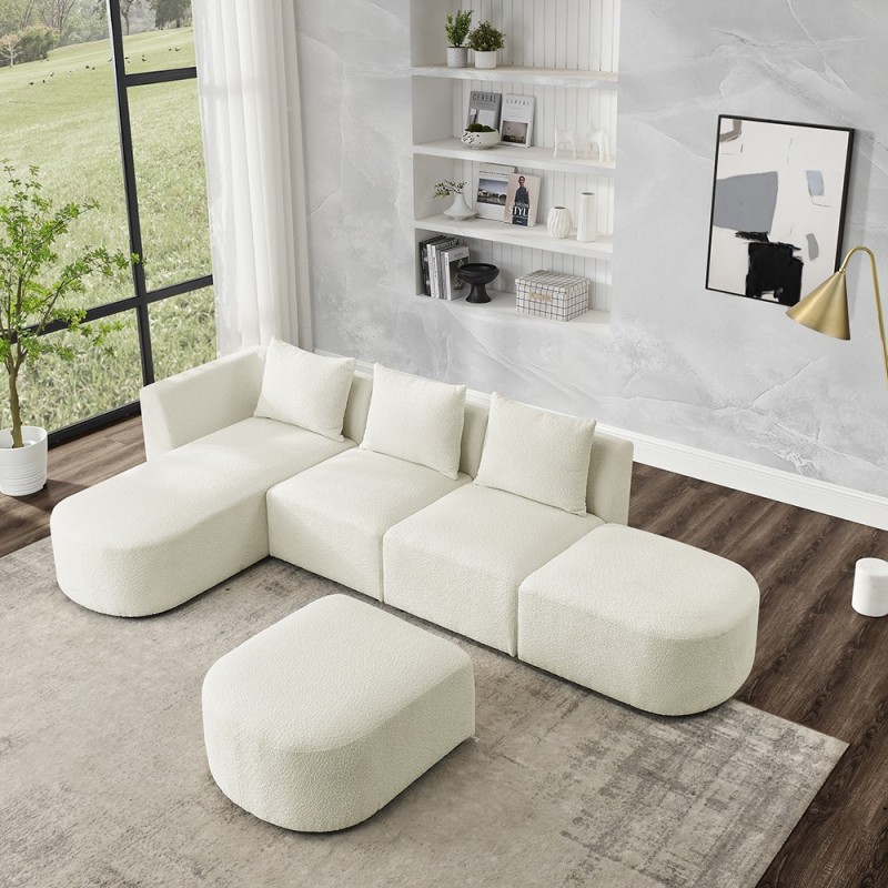 113" Modular Sectional Sofa, Modern Minimalist Sherpa L Shaped Couch Set with Left Chaise and Ottoman Beige