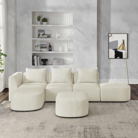 113" Modular Sectional Sofa, Modern Minimalist Sherpa L Shaped Couch Set with Left Chaise and Ottoman Beige