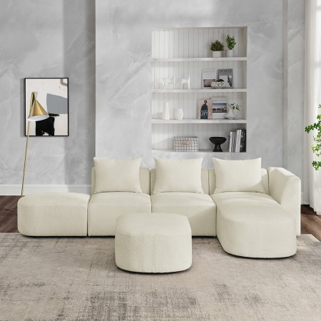 113" Modular Sectional Sofa, Modern Minimalist Sherpa L Shaped Couch Set with Right Chaise and Ottoman Beige