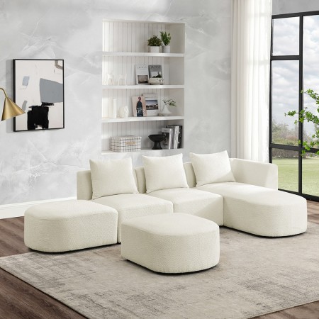 113" Modular Sectional Sofa, Modern Minimalist Sherpa L Shaped Couch Set with Right Chaise and Ottoman Beige