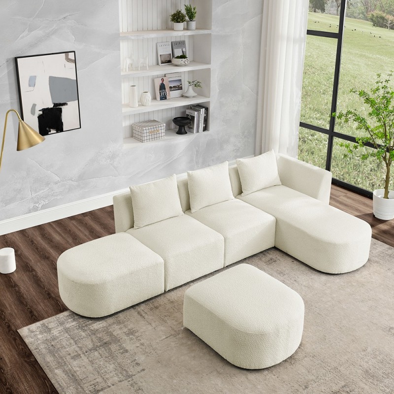 113" Modular Sectional Sofa, Modern Minimalist Sherpa L Shaped Couch Set with Right Chaise and Ottoman Beige