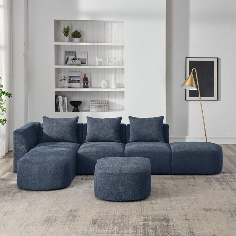 L Shape Sectional Sofa including Two Single Seats, Left Side Chaise and Two Ottomans, Modular Sofa Navy