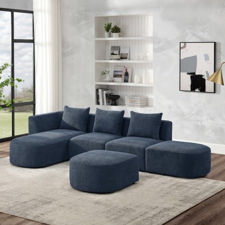 L Shape Sectional Sofa including Two Single Seats, Left Side Chaise and Two Ottomans, Modular Sofa Navy