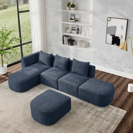 L Shape Sectional Sofa including Two Single Seats, Left Side Chaise and Two Ottomans, Modular Sofa Navy