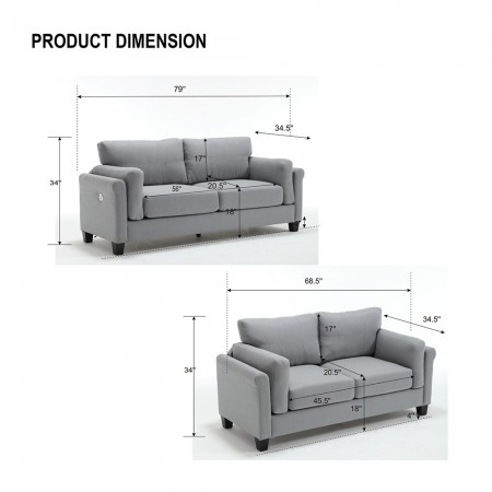 OVERSIZED Modern 2 pcs 5 seat Sofa Set Couch  Gray