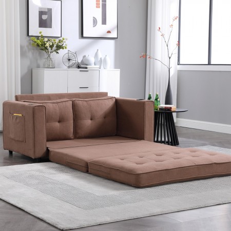3-in-1 Upholstered Futon Sofa Convertible Floor Sofa bed,Folding Mattres Love Seat Daybed W/Side Pockets for Living Room, Brown