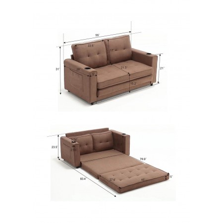 3-in-1 Upholstered Futon Sofa Convertible Floor Sofa bed,Folding Mattres Love Seat Daybed W/Side Pockets for Living Room, Brown