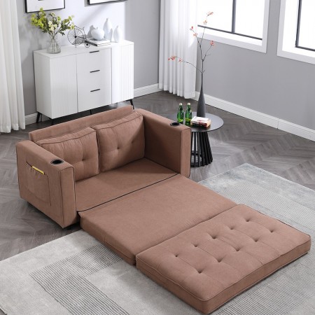 3-in-1 Upholstered Futon Sofa Convertible Floor Sofa bed,Folding Mattres Love Seat Daybed W/Side Pockets for Living Room, Brown