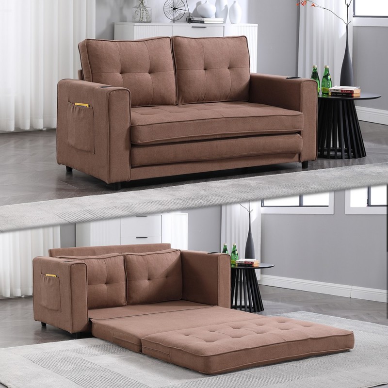 3-in-1 Upholstered Futon Sofa Convertible Floor Sofa bed,Folding Mattres Love Seat Daybed W/Side Pockets for Living Room, Brown
