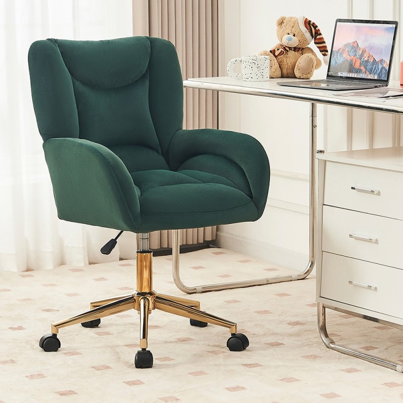 Velvet Fabric 360 Swivel Home Office Chair With Gold Metal Base And Universal Wheels,Green