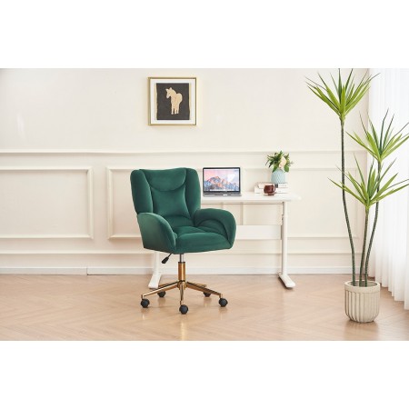 Velvet Fabric 360 Swivel Home Office Chair With Gold Metal Base And Universal Wheels,Green