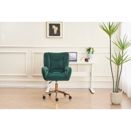 Velvet Fabric 360 Swivel Home Office Chair With Gold Metal Base And Universal Wheels,Green