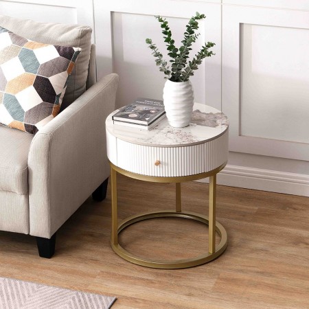 19.68 Inch Modern Nightstand with Drawer, Marble Round End Table with storage