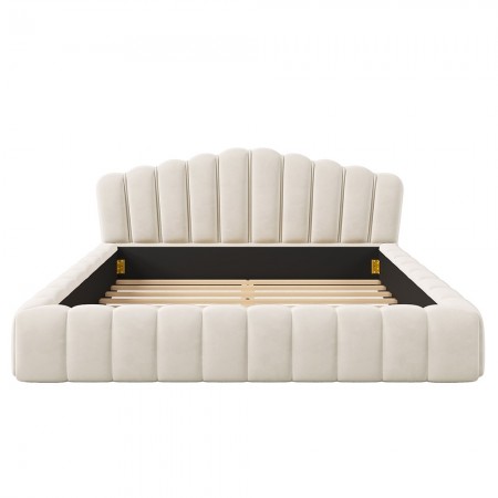 Velvet Upholstered Queen Bed Frame Floor Bed Shell-Shaped Headboard for Bedroom, Beige