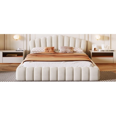 Velvet Upholstered Queen Bed Frame Floor Bed Shell-Shaped Headboard for Bedroom, Beige