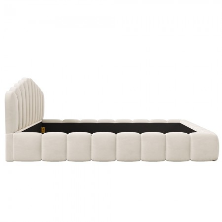 Velvet Upholstered Queen Bed Frame Floor Bed Shell-Shaped Headboard for Bedroom, Beige