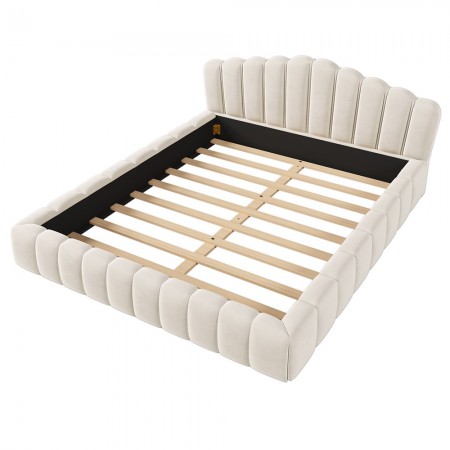 Velvet Upholstered Queen Bed Frame Floor Bed Shell-Shaped Headboard for Bedroom, Beige