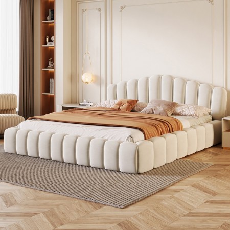 Velvet Upholstered Queen Bed Frame Floor Bed Shell-Shaped Headboard for Bedroom, Beige