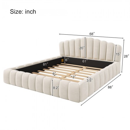 Velvet Upholstered Queen Bed Frame Floor Bed Shell-Shaped Headboard for Bedroom, Beige