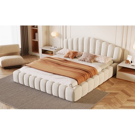 Velvet Upholstered Queen Bed Frame Floor Bed Shell-Shaped Headboard for Bedroom, Beige