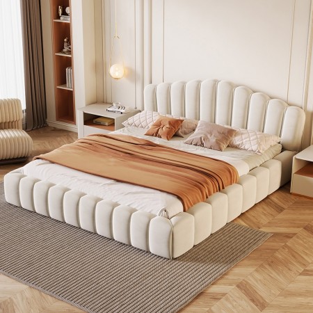 Velvet Upholstered Queen Bed Frame Floor Bed Shell-Shaped Headboard for Bedroom, Beige