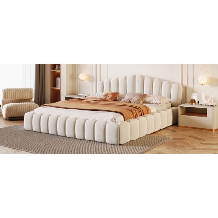 Velvet Upholstered Queen Bed Frame Floor Bed Shell-Shaped Headboard for Bedroom, Beige