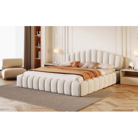 Velvet Upholstered Queen Bed Frame Floor Bed Shell-Shaped Headboard for Bedroom, Beige