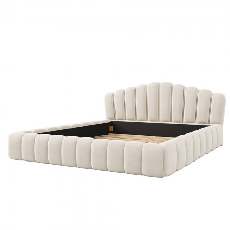 Velvet Upholstered Queen Bed Frame Floor Bed Shell-Shaped Headboard for Bedroom, Beige